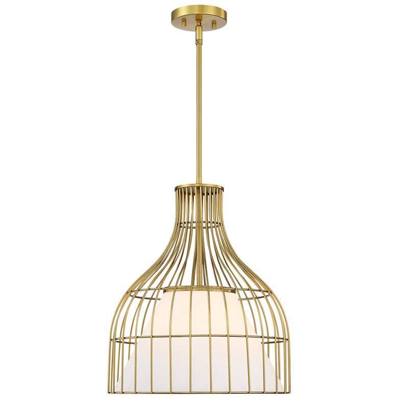 Image 1 Evensong 60 Watt 1-Light Brushed Gold Bell Pendant with Glass Shade