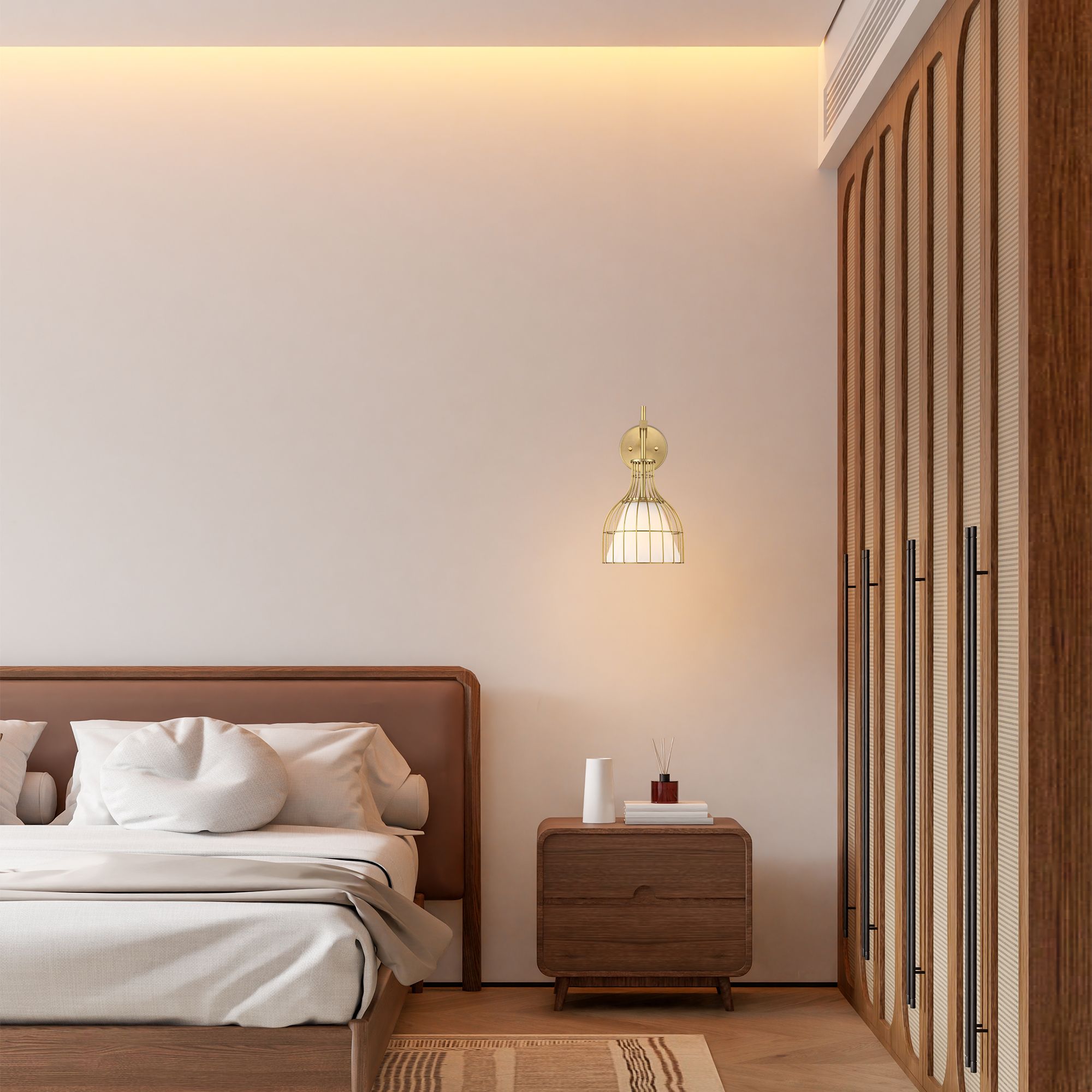 Evensong 8 in. 1-Light Brushed Gold Indoor Wall Sconce Light for Bathrooms