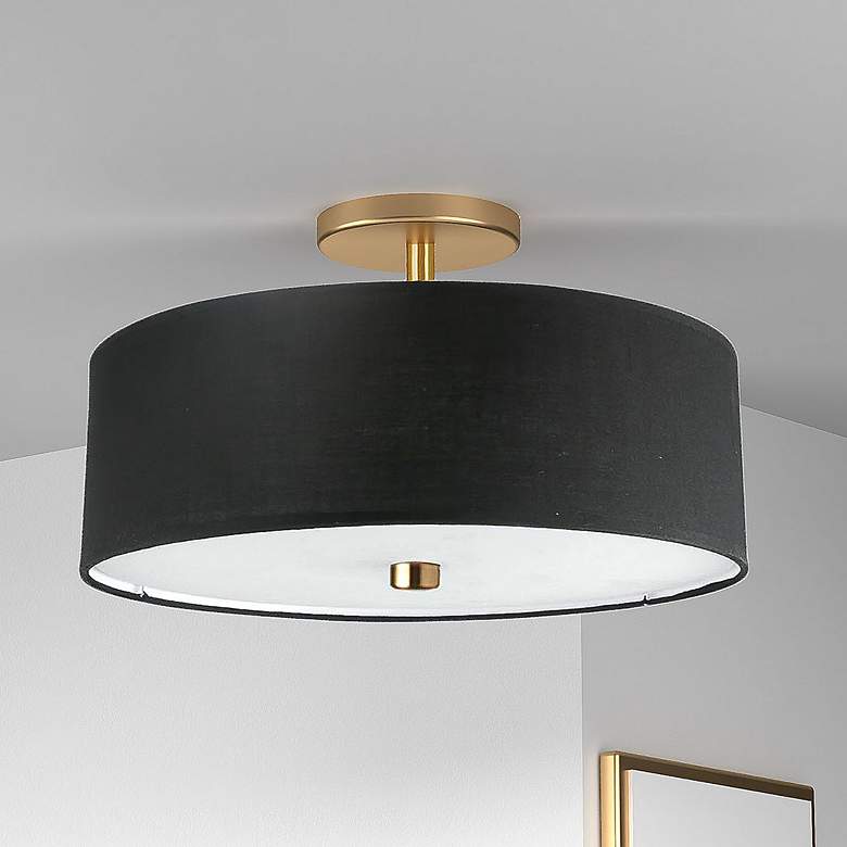 Image 1 Everly 14.25" Wide 3 Light Aged Brass Semi-Flush Mount With Black Shad