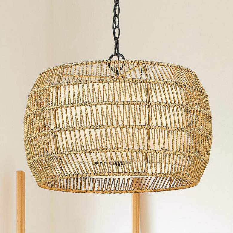 Image 1 Everly 19 inch Wide 4-Light Pendant in Matte Black with Natural Rattan