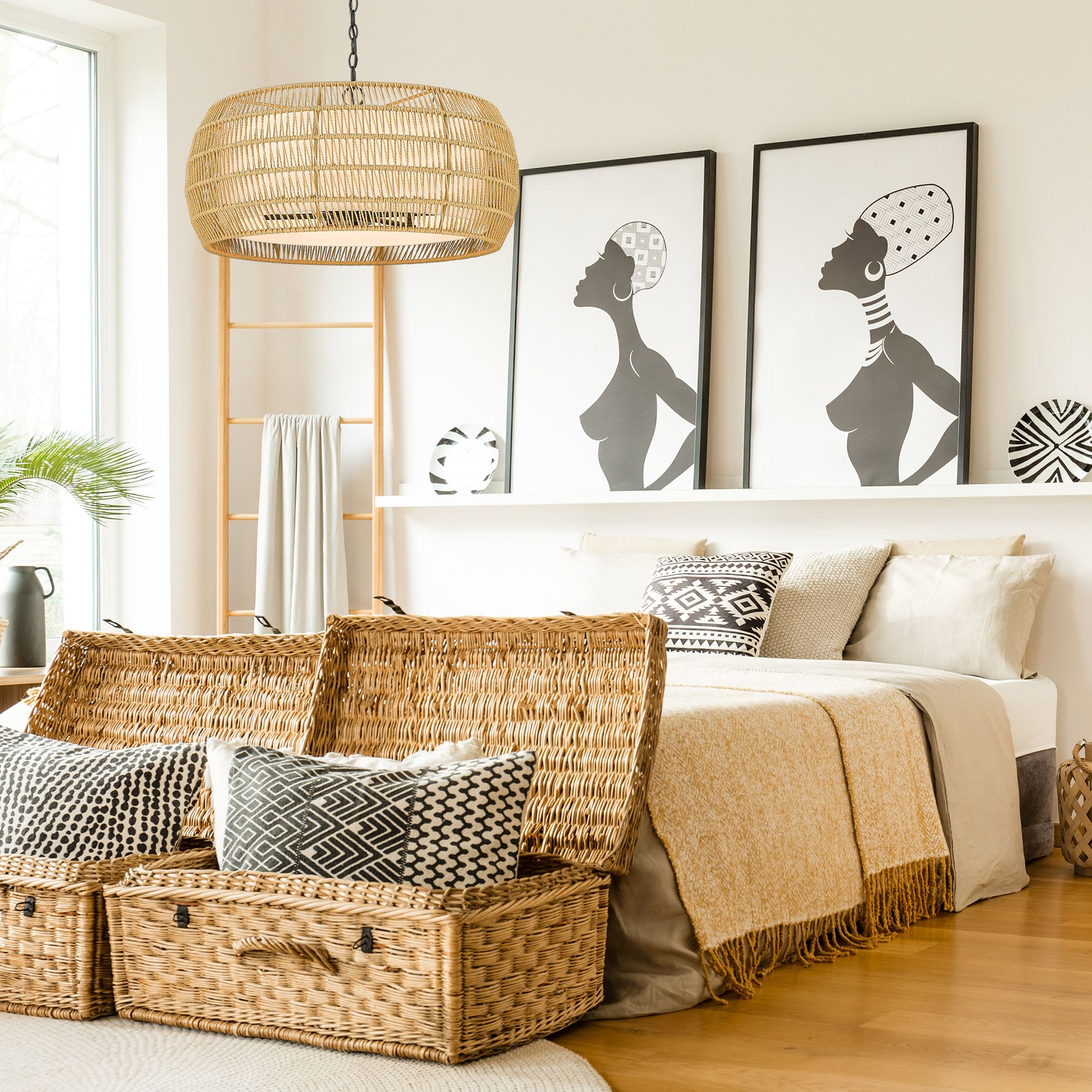 Everly 27 1/4" Wide Matte Black Chandelier w/ Rattan Shade in scene