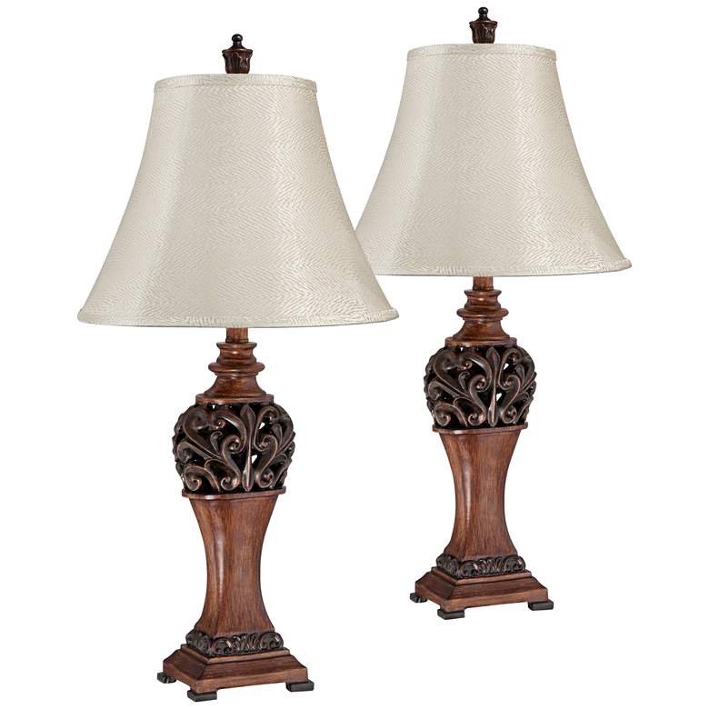 Image 1 Exeter 30 inch High Wood Finish Cream Shade Table Lamps Set of 2