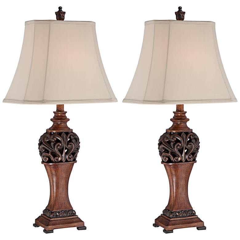 Image 1 Exeter Wood Finish Table Lamp Set with Non-Dimmable LEDs