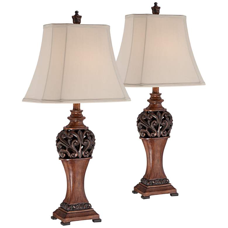 Exeter Wood Finish Table Lamps Set of 2 with WiFi Smart Sockets
