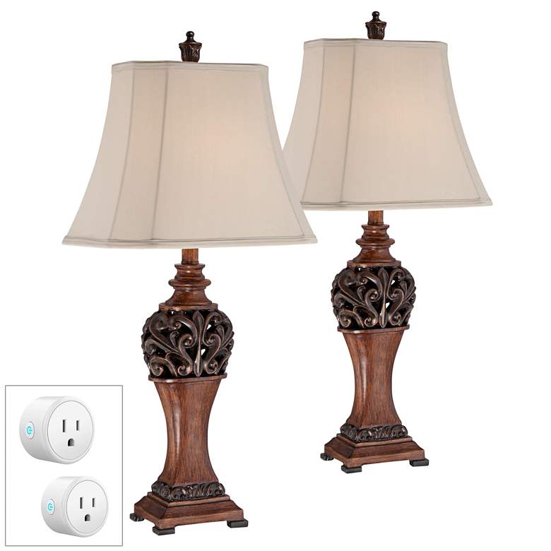 Image 1 Exeter Wood Finish Table Lamps Set of 2 with WiFi Smart Sockets