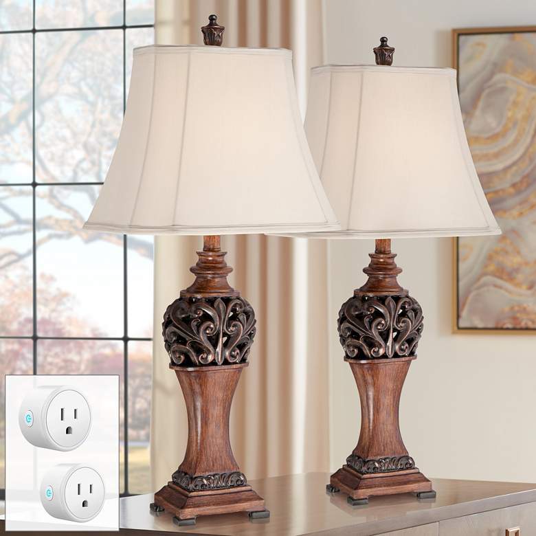 Image 1 Exeter Wood-Tone Table Lamps Set of 2 with Smart Sockets