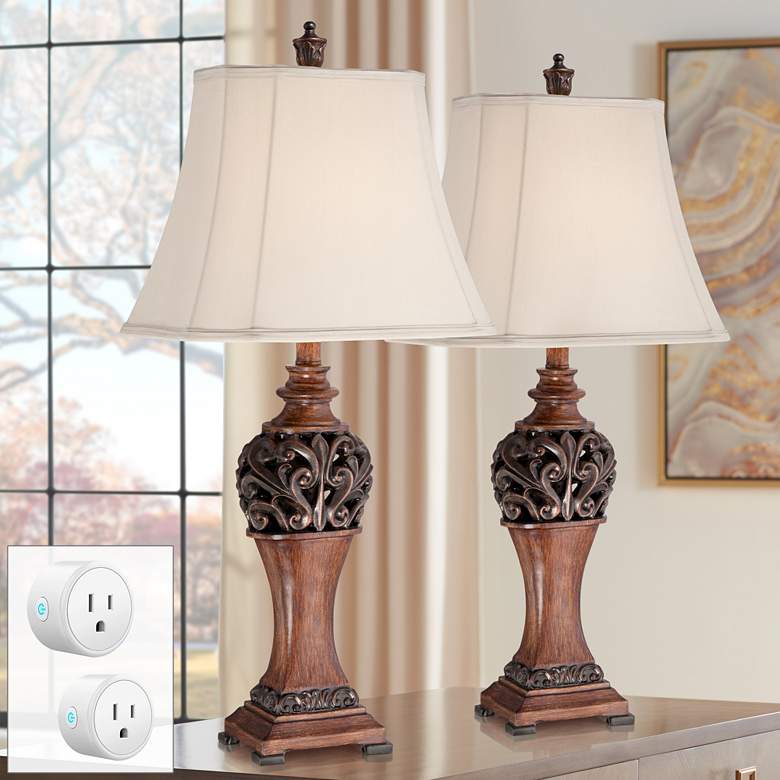 Image 2 Exeter Wood-Tone Table Lamps Set of 2 with Smart Sockets