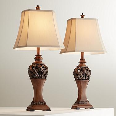 Exeter Wood-Tone Table Lamps Set of 2 with Smart Sockets