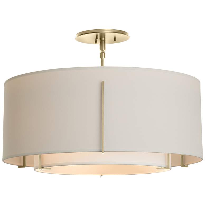 Image 1 Exos Double Shade Semi-Flush - Modern Brass Finish - Natural & Flax Sha
