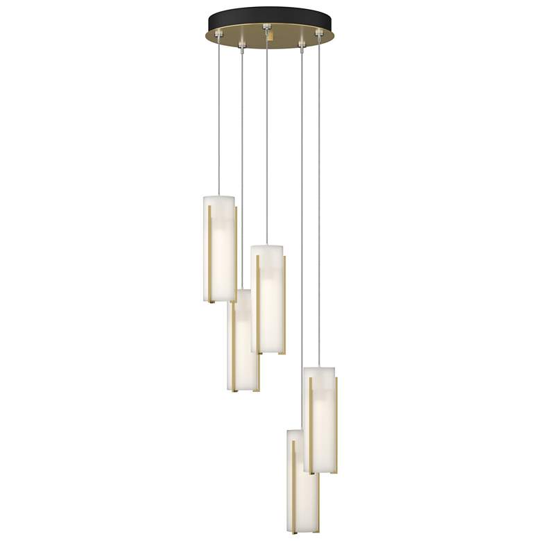 Image 1 Exos Glass 5-Light 13.5 inch Wide Modern Brass Long Pendant w/ Opal Glass 