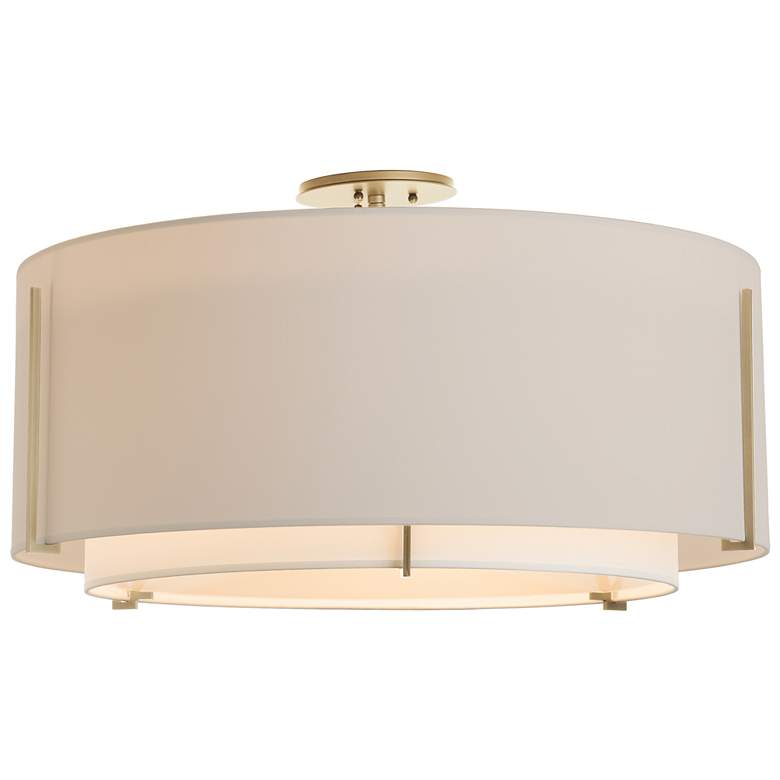 Image 1 Exos Large Double Shade Semi-Flush - Gold - Natural &#38; Flax Shades