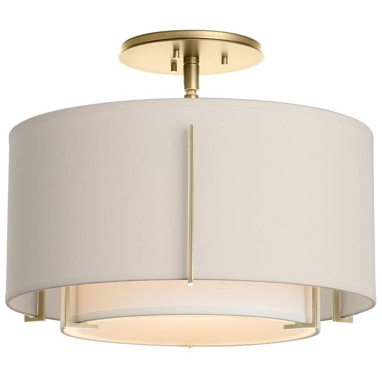 Image 1 Exos Small Double Shade Semi-Flush - Brass Finish - Natural & Flax Shad