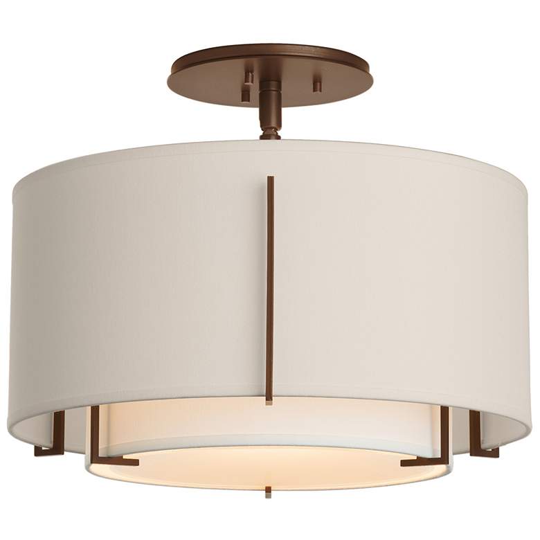 Image 1 Exos Small Double Shade Semi-Flush - Bronze Finish - Natural & Flax Sha