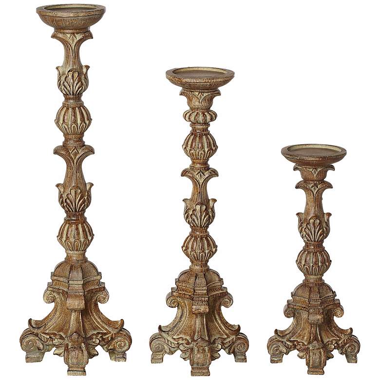 Image 2 Exotic Carved Pillar Candle Holders - Set of 3