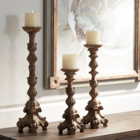 Exotic Carved Pillar Candle Holders - Set of 3 - #U2744 | Lamps Plus
