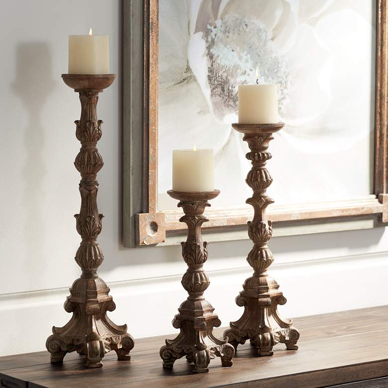 Image 1 Exotic Carved Pillar Candle Holders - Set of 3