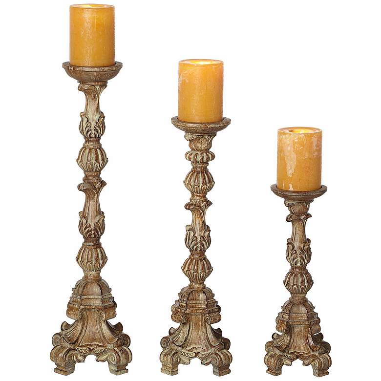 Image 3 Exotic Carved Pillar Candle Holders - Set of 3 more views