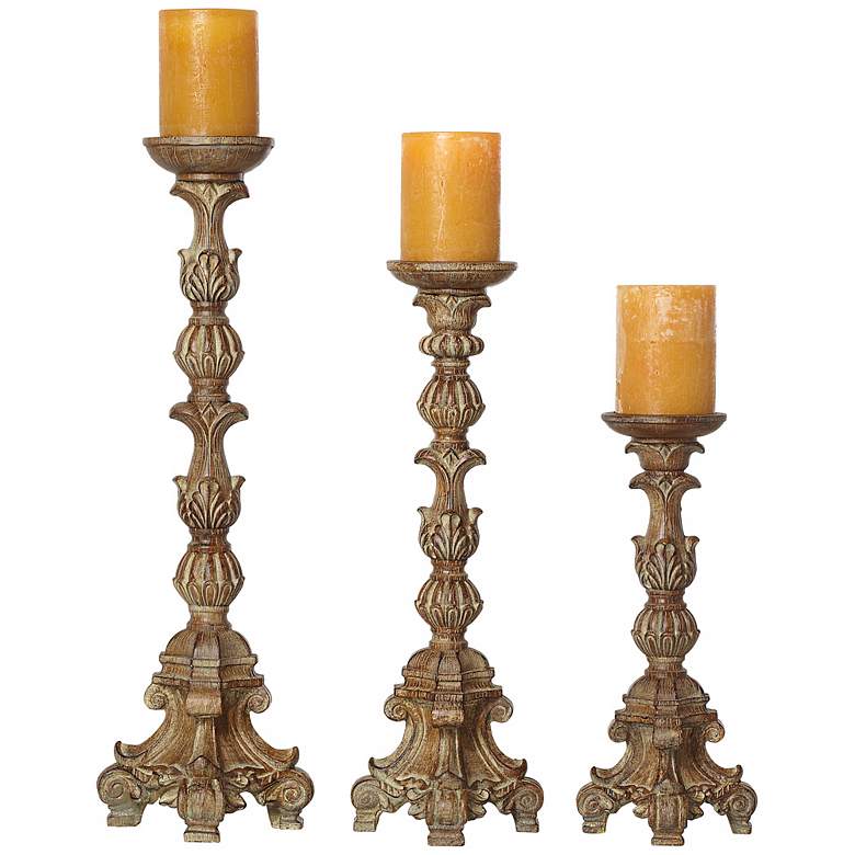 Image 4 Exotic Carved Pillar Candle Holders - Set of 3 more views