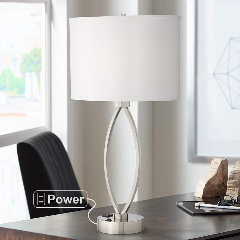 Image 1 Eye-Shaped Brushed Nickel Metal Table Lamp with Outlet