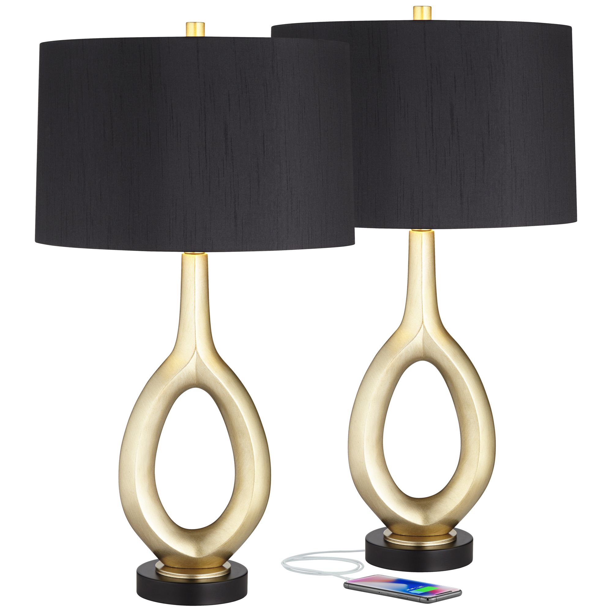 Eyelet Modern Gold Table Lamps Set of 2 with Dual USB Ports
