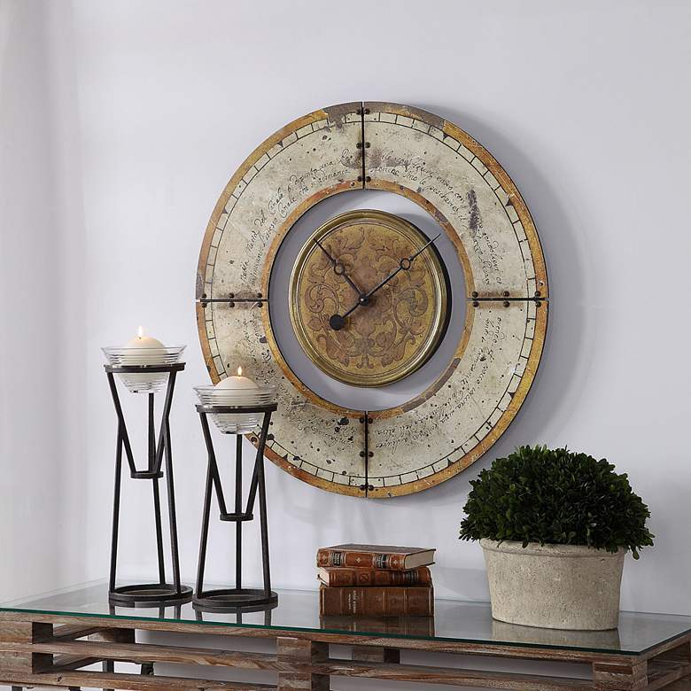 Image 1 Ezekiel Aged Ivory and Golden Brown 30 1/2" Round Wall Clock