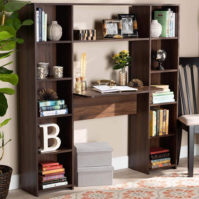 Image 1 Ezra 55" Wide Walnut 11-Shelf Storage Computer Desk