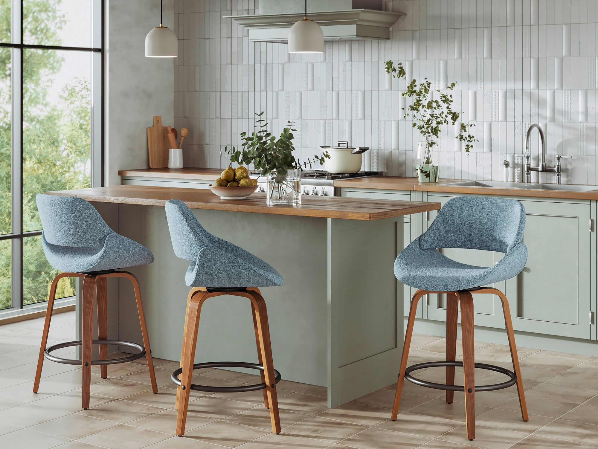 Fabrico Counter Stool in Walnut and Blue Noise Fabric by LumiSource Pair