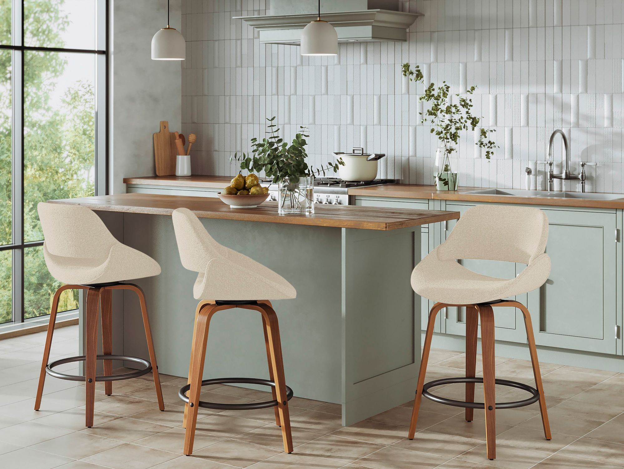 Fabrico Counter Stool in Walnut and Cream Fabric by LumiSource Pair