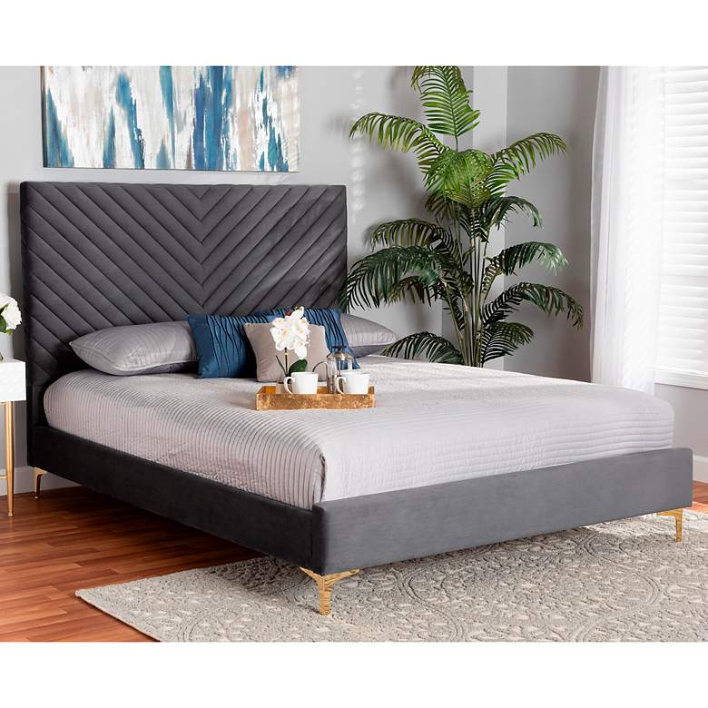 Image 1 Fabrico Gray Velvet Fabric Tufted Full Size Platform Bed