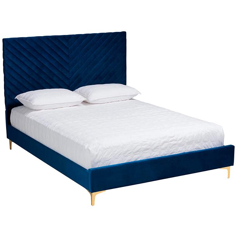 Image 2 Fabrico Navy Blue Velvet Fabric Queen Size Platform Bed