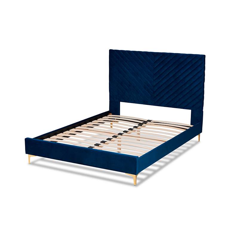 Image 3 Fabrico Navy Blue Velvet Fabric Queen Size Platform Bed more views