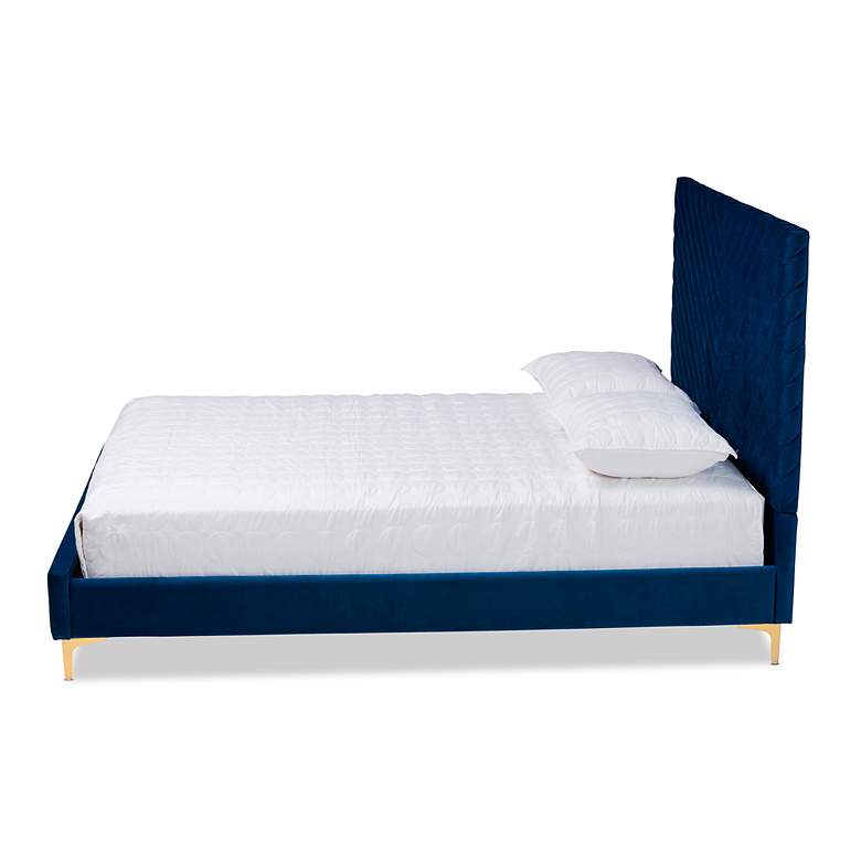 Image 5 Fabrico Navy Blue Velvet Fabric Queen Size Platform Bed more views