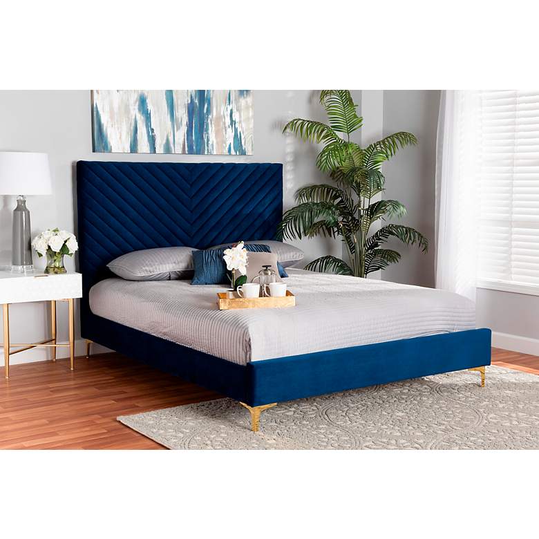 Image 6 Fabrico Navy Blue Velvet Fabric Queen Size Platform Bed more views