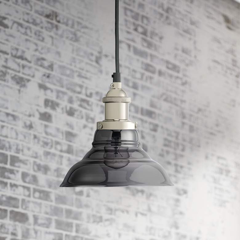 Image 1 Factory 7 1/2" Wide Smoke Glass and Nicken Bell Mini Pendant