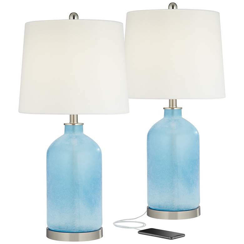 Fairlane Blue Glass USB Table Lamps Set of 2