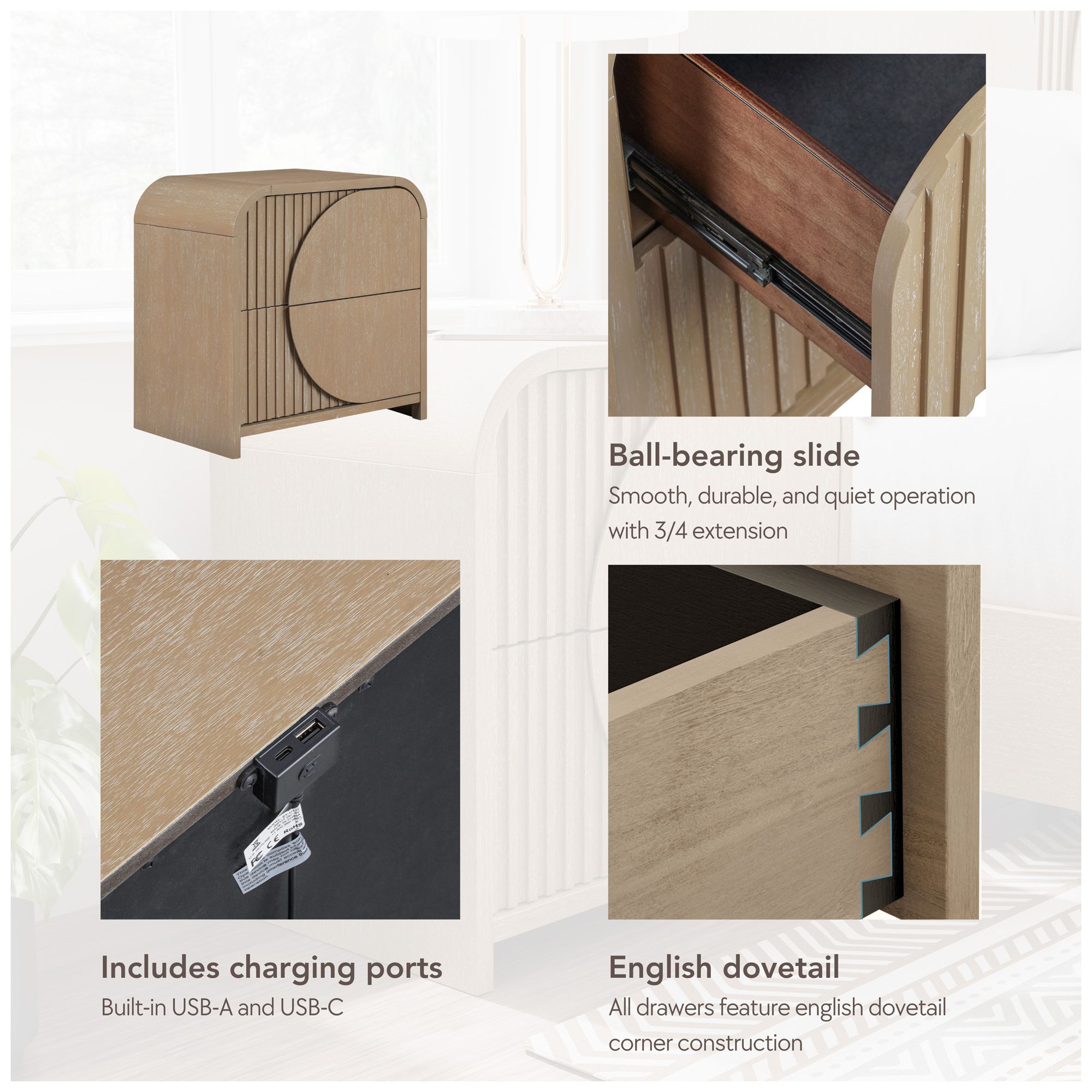 Fairstone Natural 2-Drawer Boho Nightstand with Soft Closing Drawers