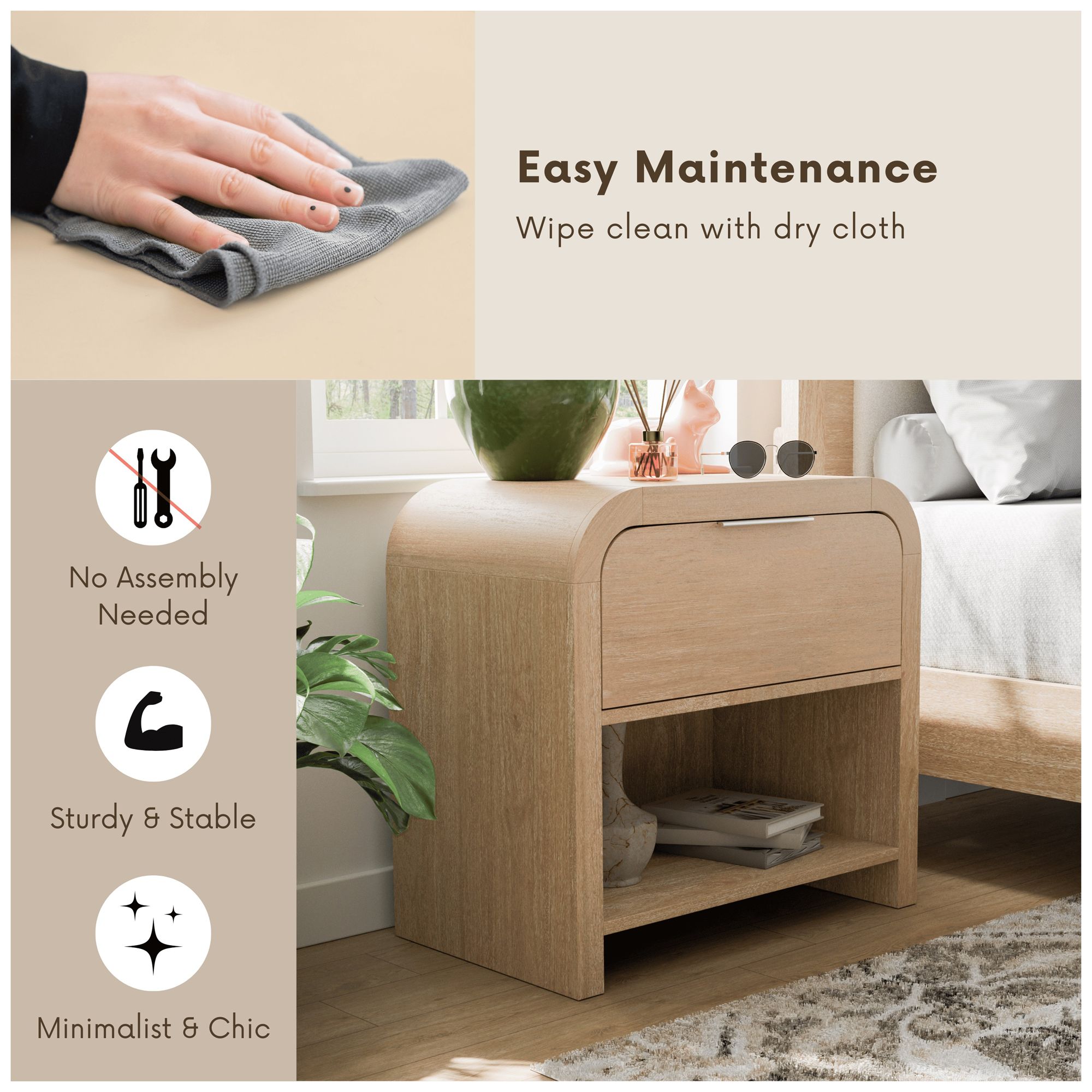 Falkner Modern Natural 1 Drawer Nightstand With Felt Lined Drawer