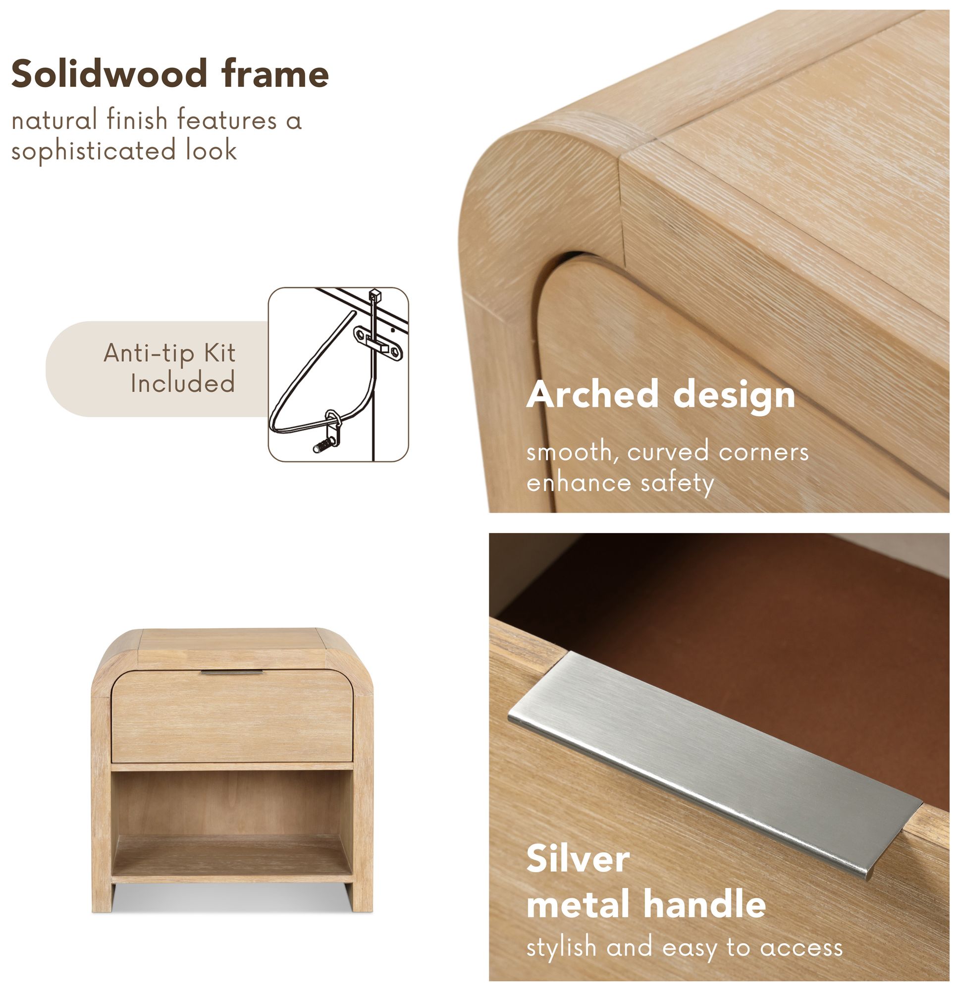 Falkner Modern Natural 1 Drawer Nightstand With Felt Lined Drawer