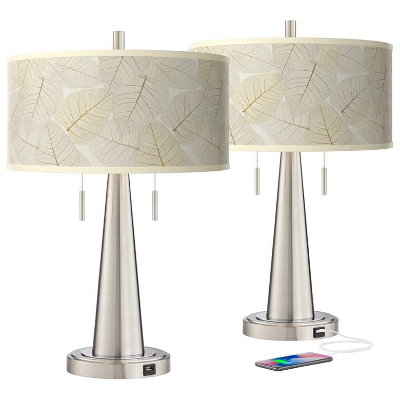 Image 2 Fall Leaves Vicki Brushed Nickel USB Table Lamps Set of 2