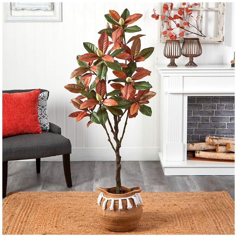 Image 1 Fall Magnolia 60" High Artificial Tree with Hand-made Basket