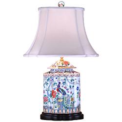 Famille Peacock and Roses 27&quot; Scalloped Tea Jar Porcelain Table Lamp