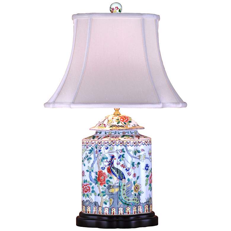 Image 2 Famille Peacock and Roses 27 inch Scalloped Tea Jar Porcelain Table Lamp