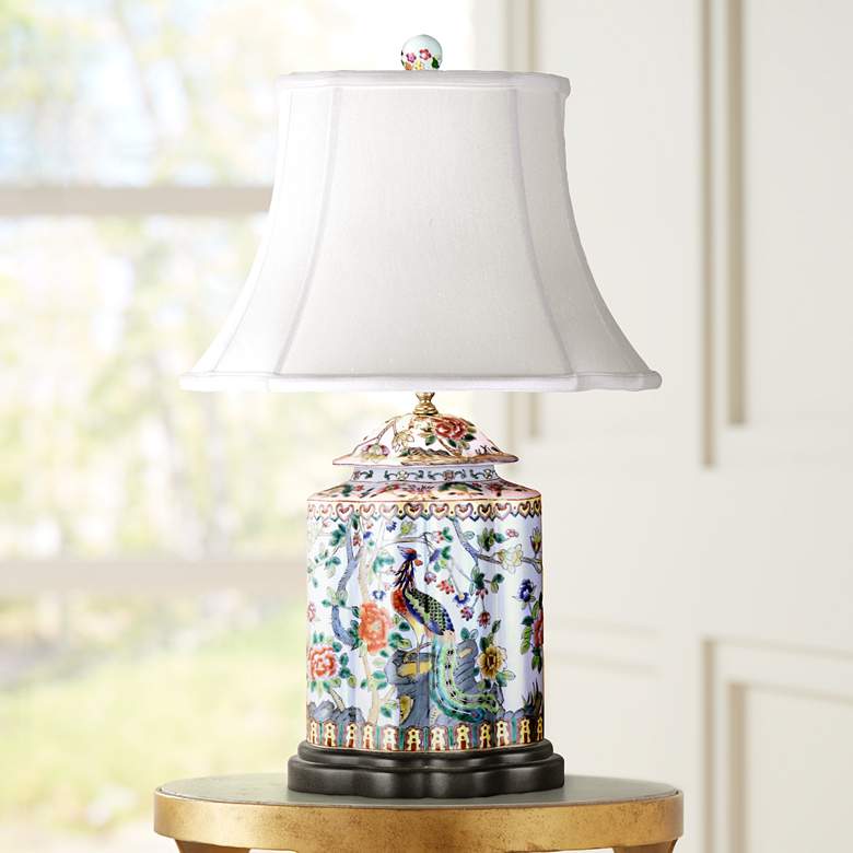 Image 1 Famille Peacock and Roses 27" Scalloped Tea Jar Porcelain Table Lamp