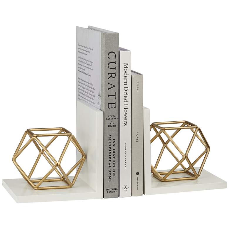 Image 1 Fantasma White Wood Glossy Golden Bookends Set