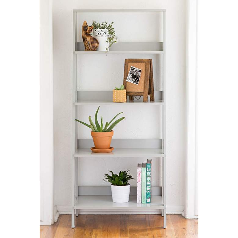 Image 1 Fargo 55" High Gray Wood 4-Shelf Modern Ladder Bookshelf
