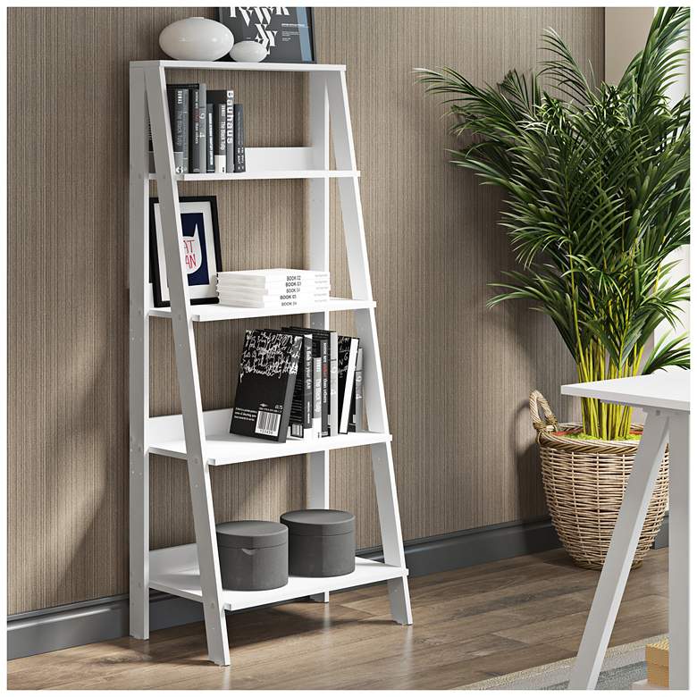 Image 4 Fargo 55 inch High White Wood 4-Shelf Ladder Bookshelf more views
