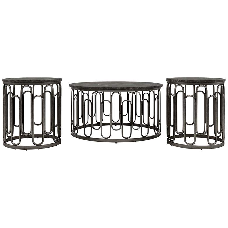 Image 2 Farley 36" Wide Black Round 3-Piece Coffee and End Table Set