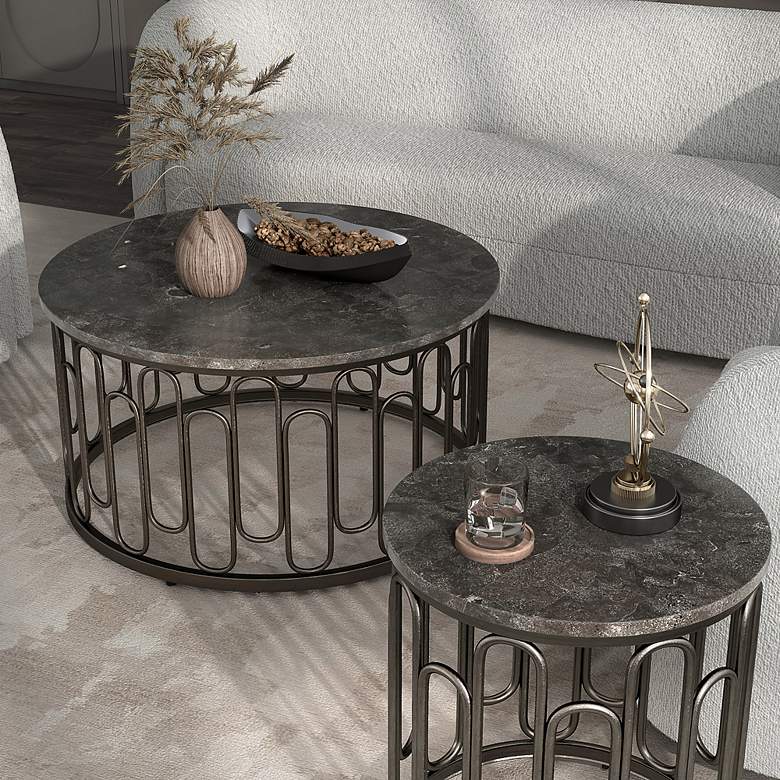 Image 6 Farley 36" Wide Black Round 3-Piece Coffee and End Table Set more views