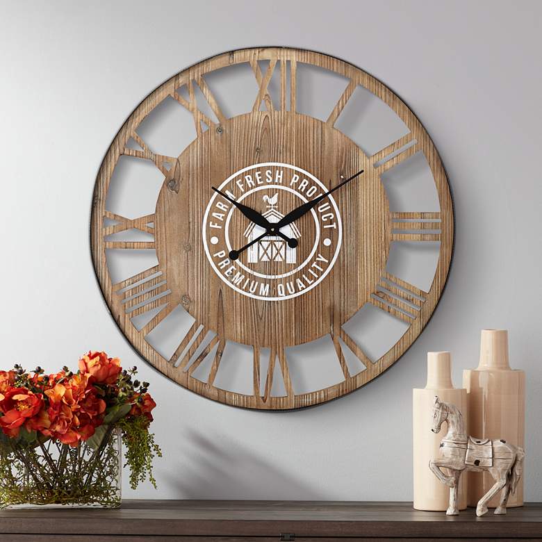 Image 1 Farm Fresh 31 1/2" Round Roman Numeral Wood Wall Clock