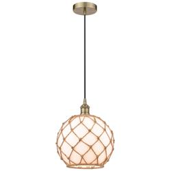 Farmhouse 10" Antique Brass Mini Pendant w/ White & Brown Rope Sha